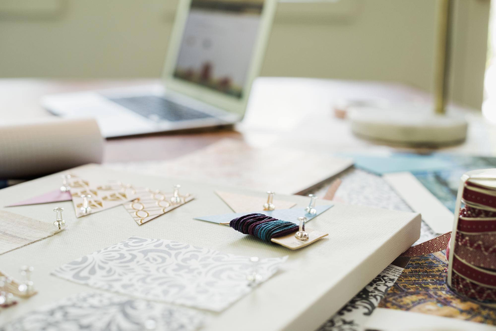 Workshop interior with embroidered samples